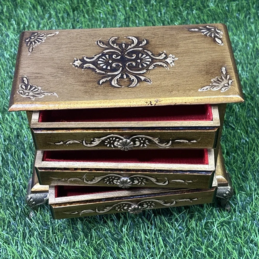 Vintage Florentine Music Jewelry Box Made in Japan Gold Gilt Wood 3 Drawer